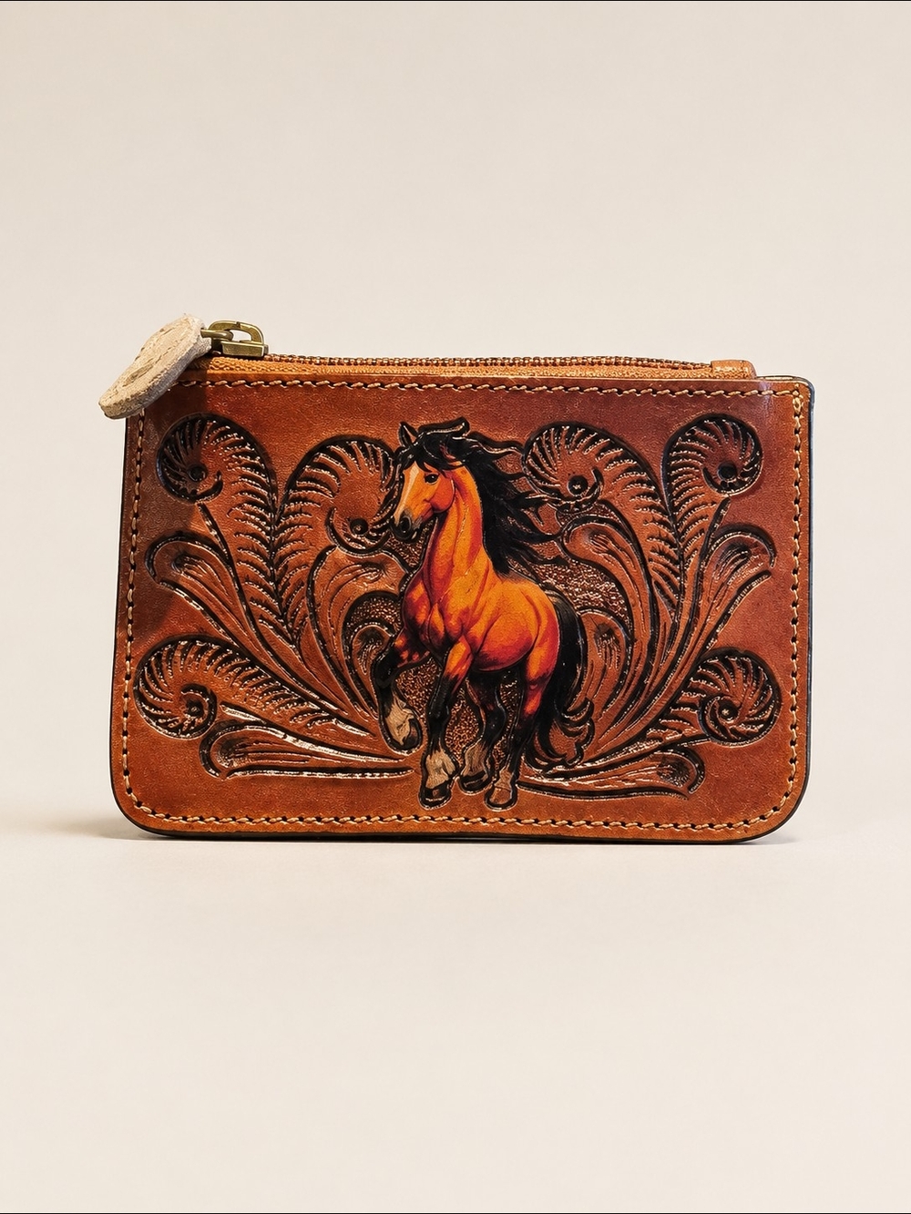 Hand-Tooled Leather And Cowhide Card Wallet with Horse Motif - Brown - NWOT